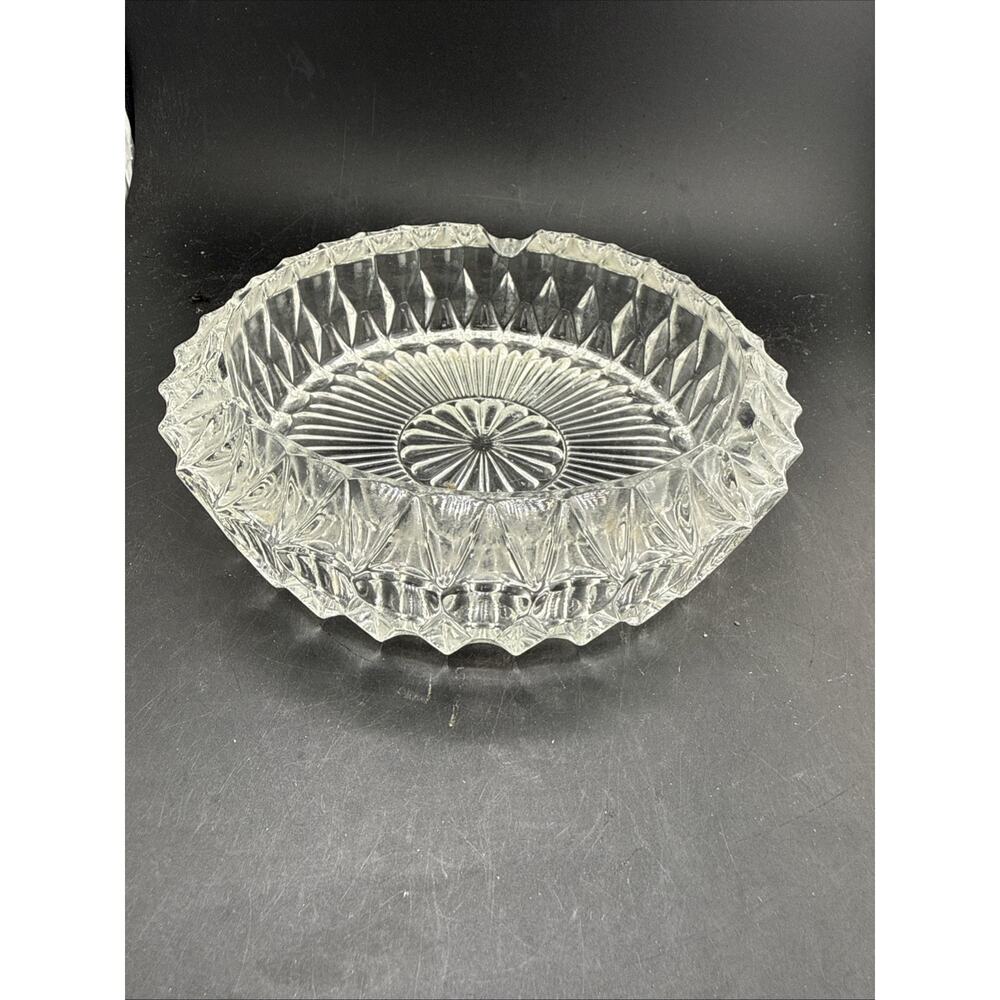 Vintage Clear Glass Serving Bowl Sunburst Diamond Pattern Scalloped Edge Ashtray